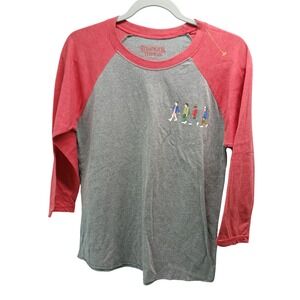 Stranger Things Graphic Baseball Tee Red Grey Kids Walking Graphic Print Size S